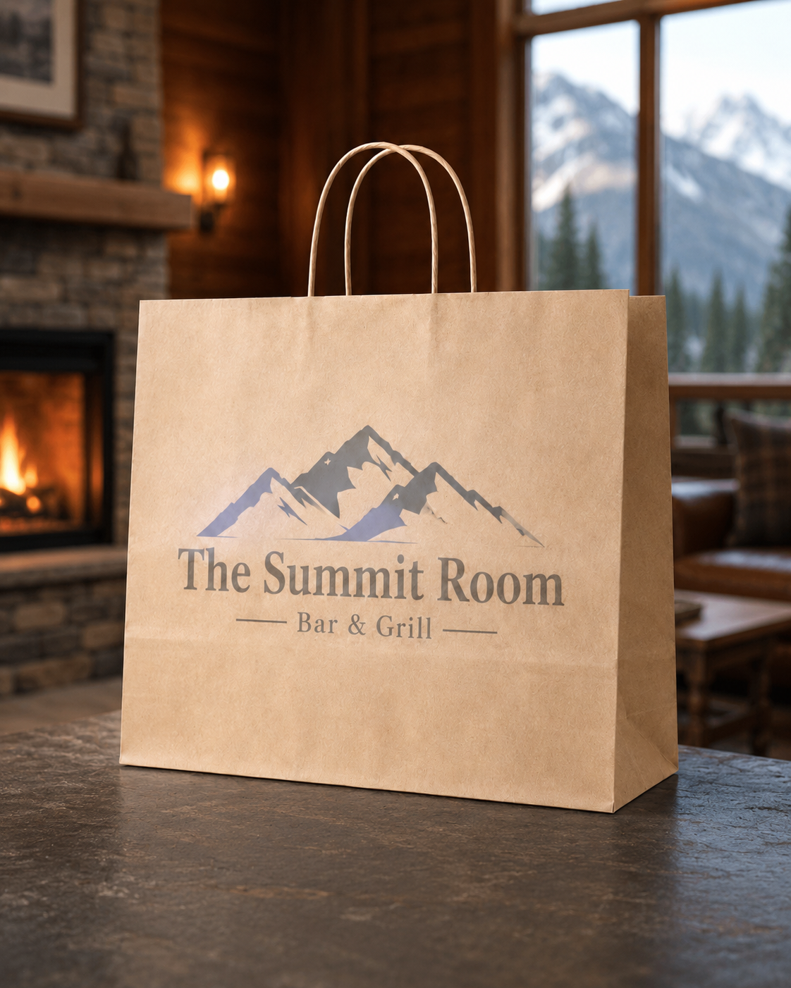 Extra-large kraft twisted handle paper bag with Summit Room restaurant branding