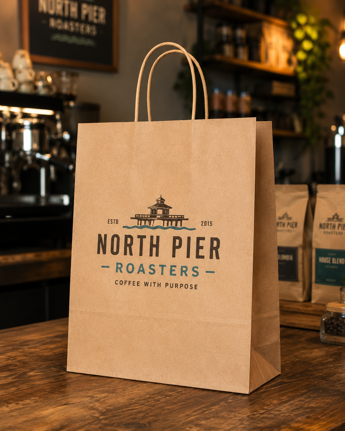 Large kraft twisted handle paper bag with North Pier Roasters branding in a coffee shop