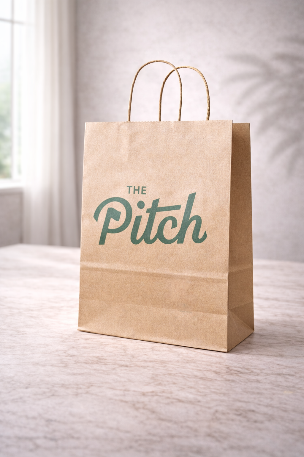 Large kraft twisted handle paper bag with The Pitch branding