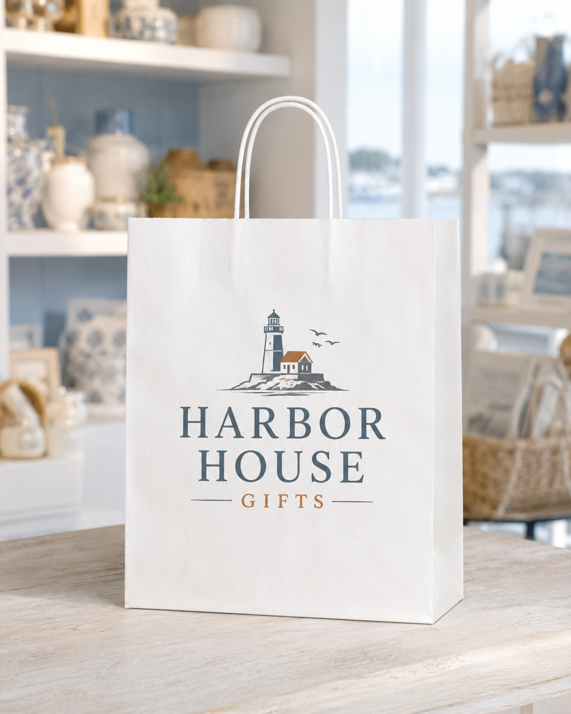 Large white twisted handle paper bag with Harbor House Gifts branding