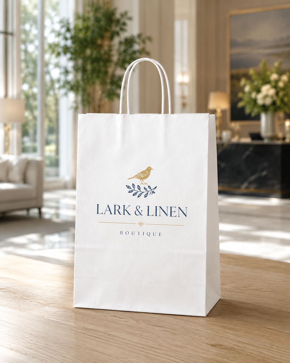 Large white twisted handle paper bag with Lark and Linen Boutique branding