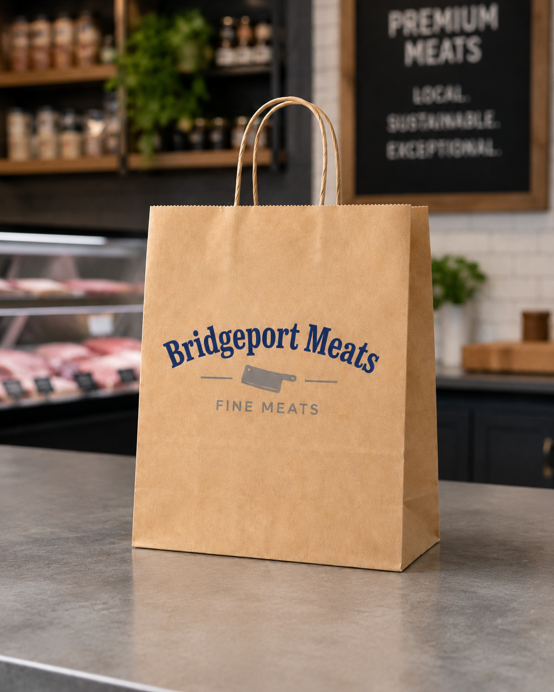 Medium kraft twisted handle paper bag with Bridgeport Meats branding in a butcher shop