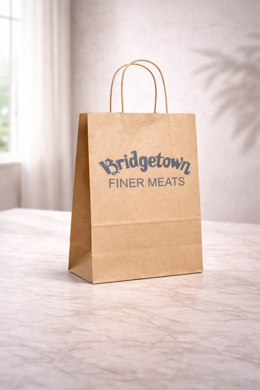 Medium kraft twisted handle paper bag with Bridgetown Finer Meats branding