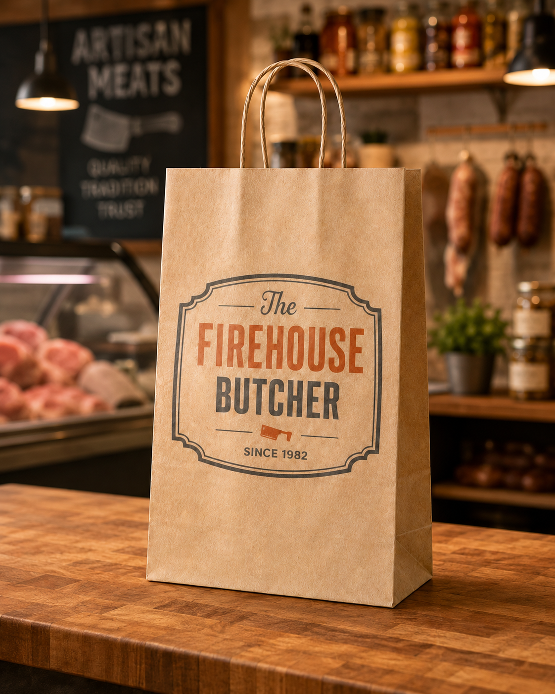 Medium kraft twisted handle paper bag with Firehouse Butcher branding in a butcher shop