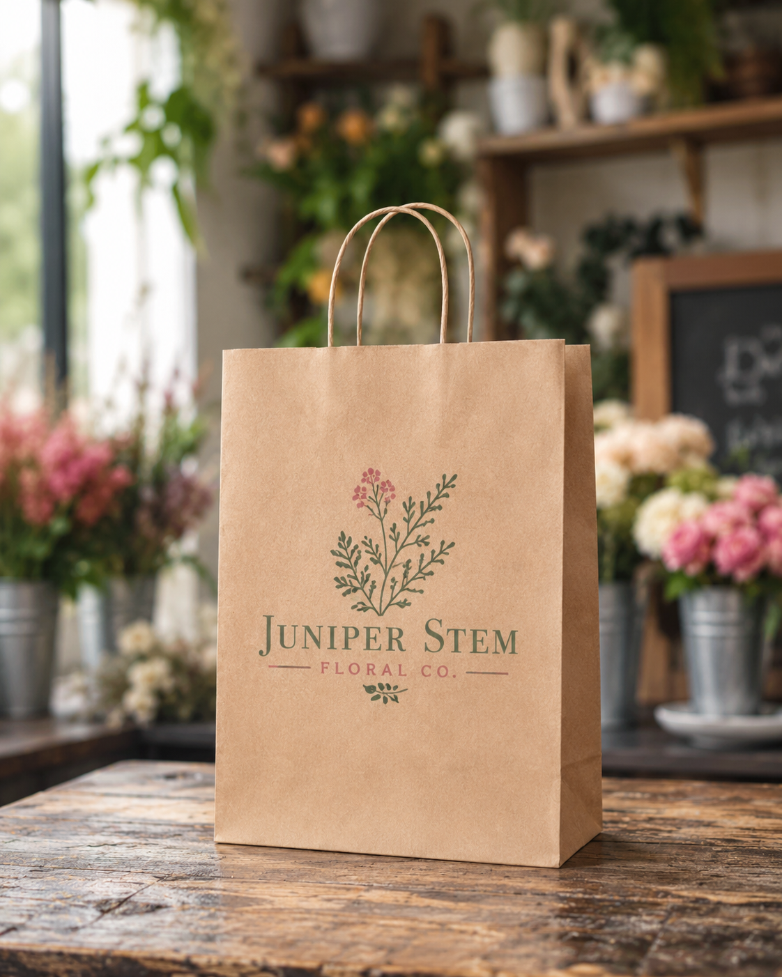 Medium kraft twisted handle paper bag with Juniper Stem floral branding