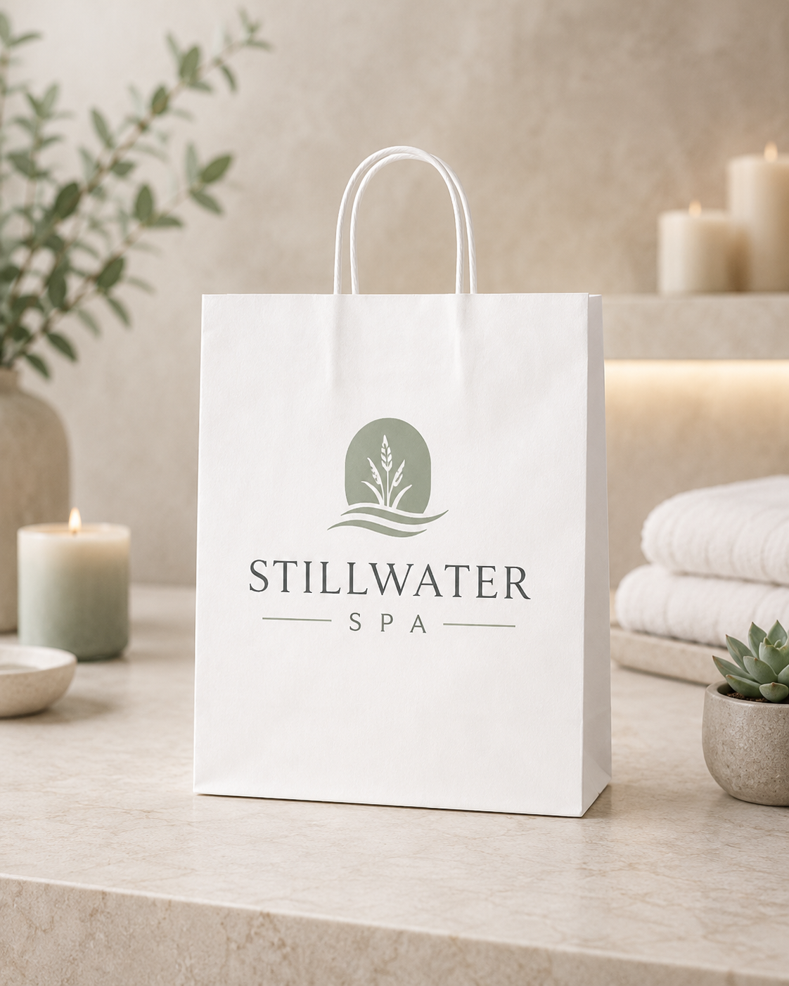 Medium white twisted handle paper bag with Stillwater Spa branding