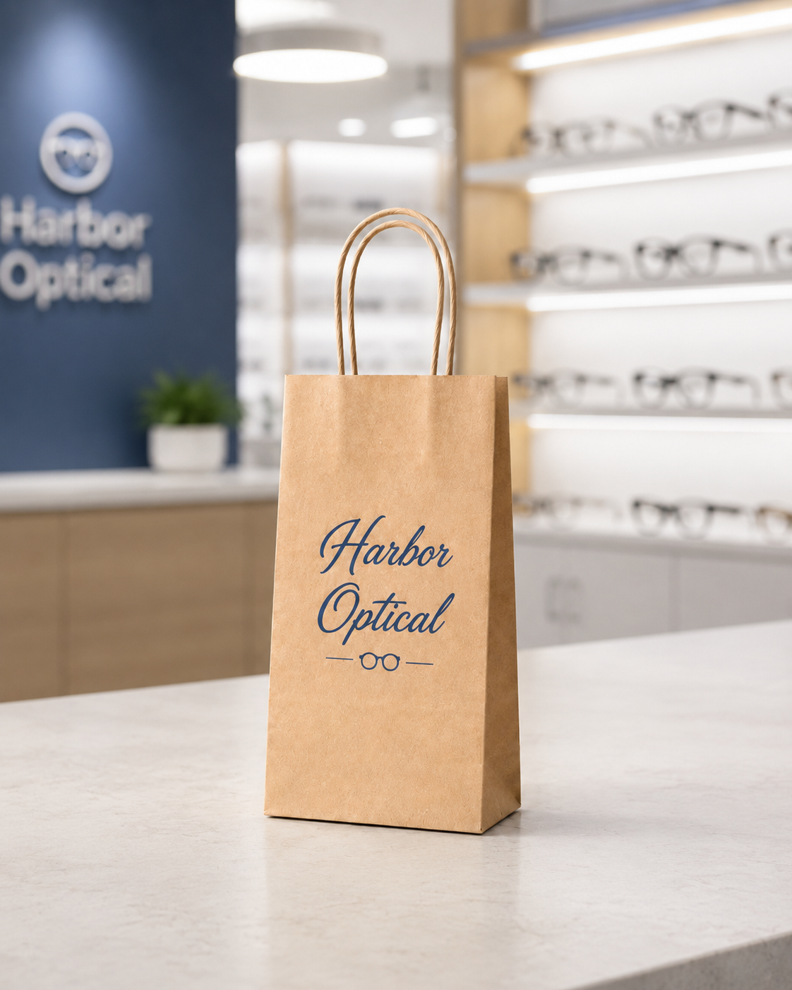 Small kraft twisted handle paper bag with Harbor Optical branding in an eyewear store