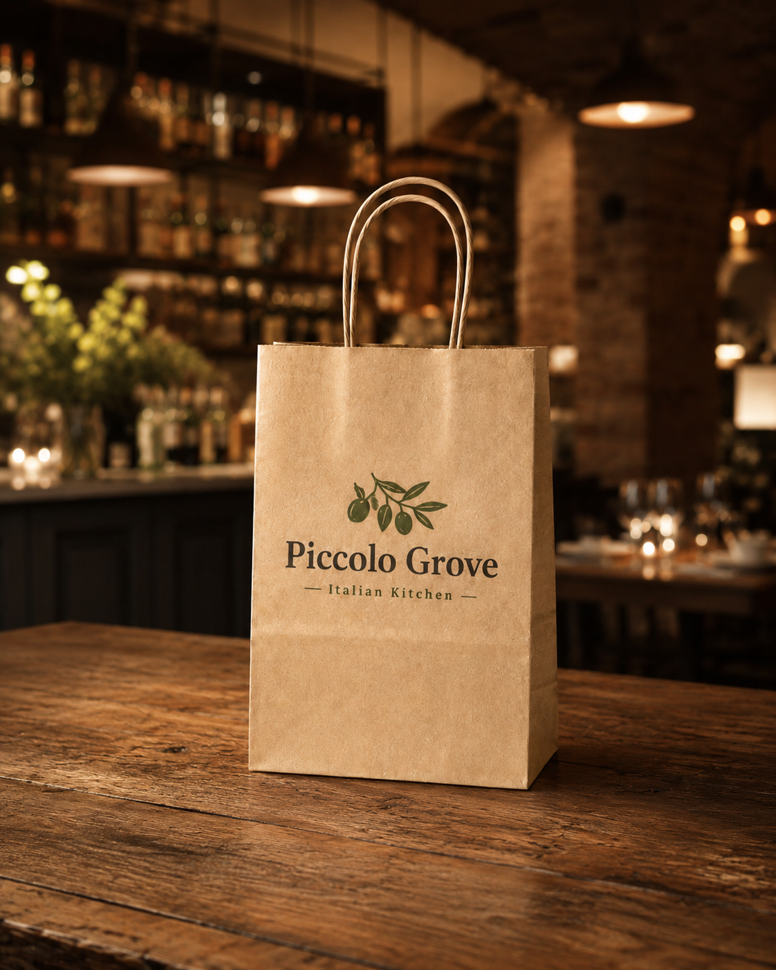 Small kraft twisted handle paper bag with Piccolo Grove branding in a restaurant setting