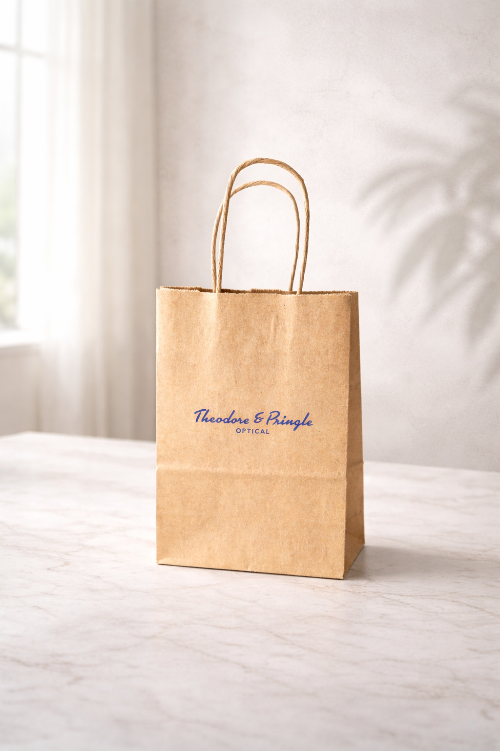 Small kraft twisted handle paper bag with optical store branding