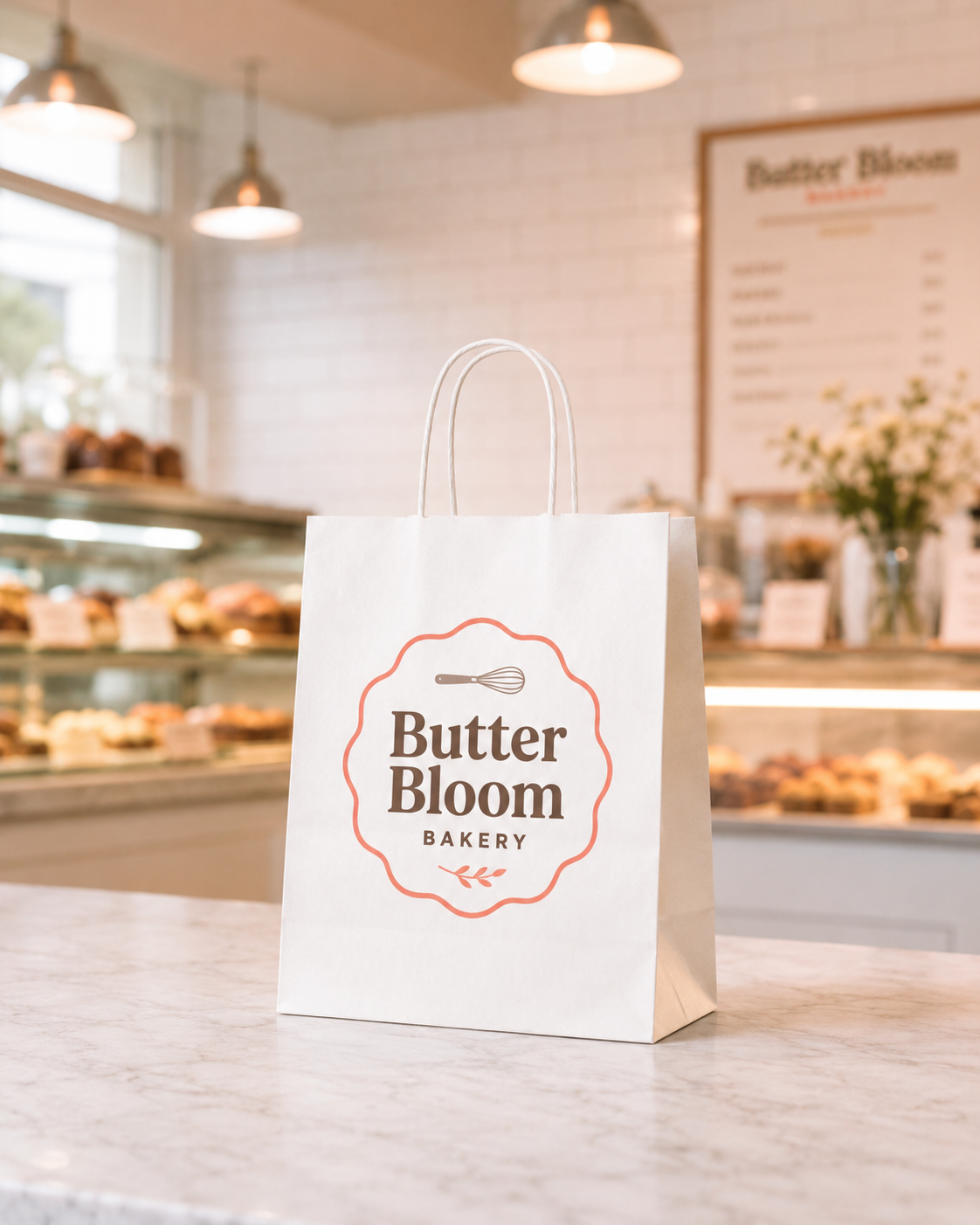 Small white twisted handle paper bag with Butter Bloom Bakery branding