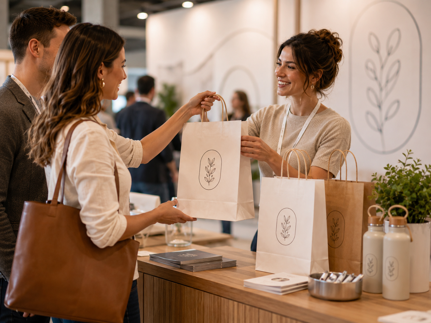 Customer receiving a custom paper shopping bag for event merchandise
