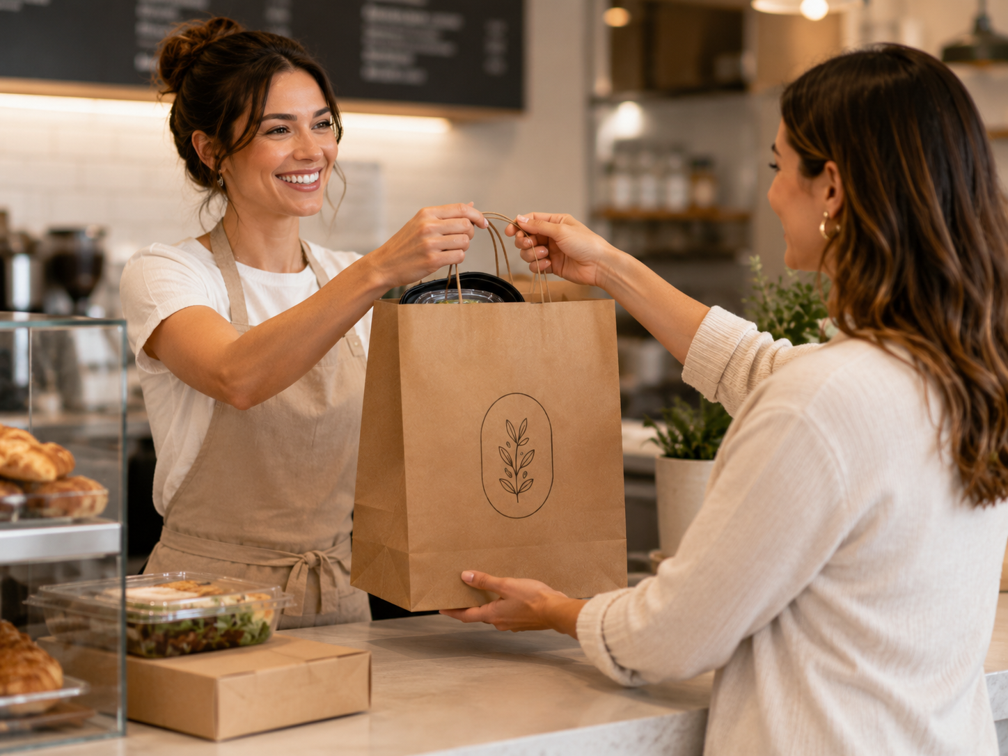 Customer receiving a kraft paper shopping bag for restaurant takeout
