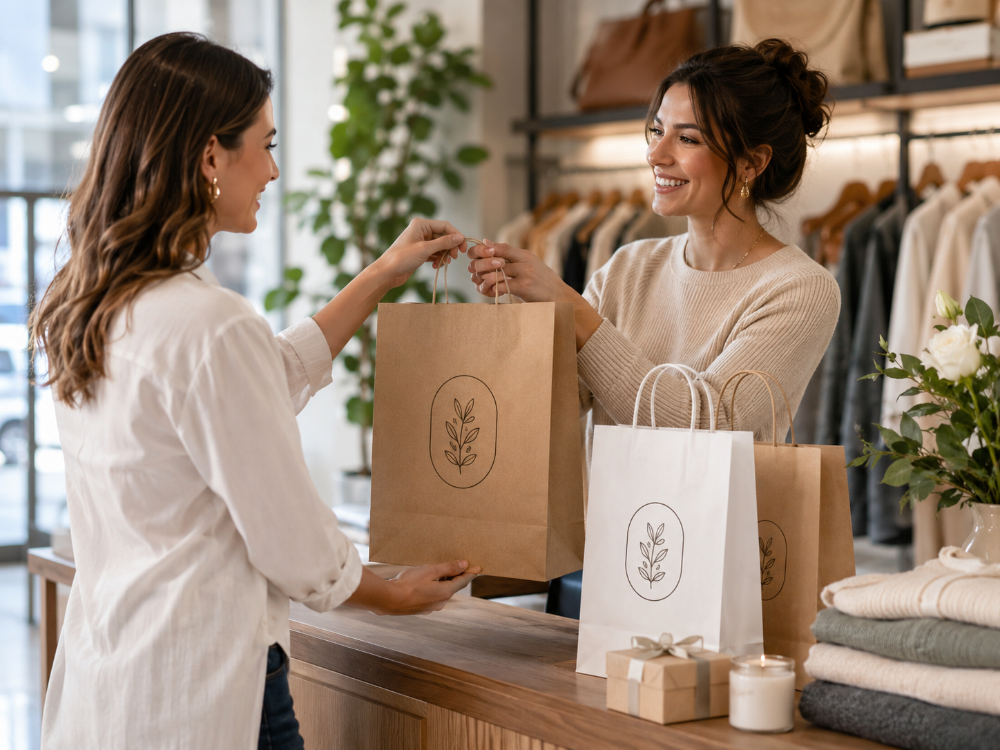 Customer receiving custom paper shopping bags at a boutique checkout counter