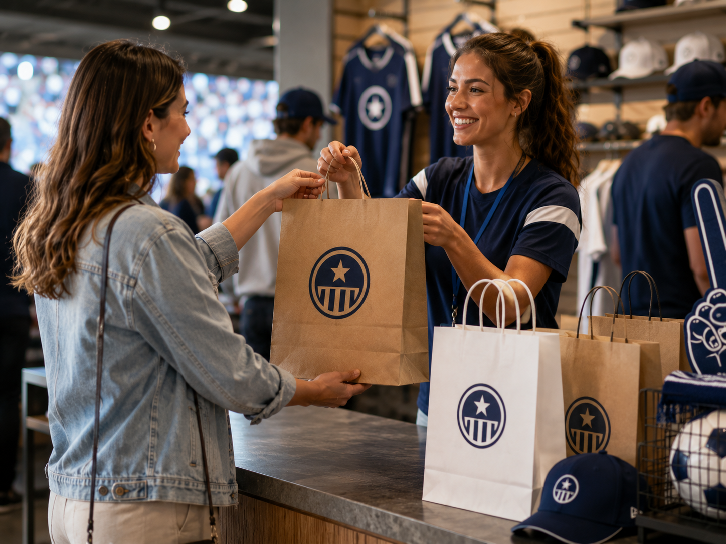 Customer receiving branded paper shopping bags at a stadium team store