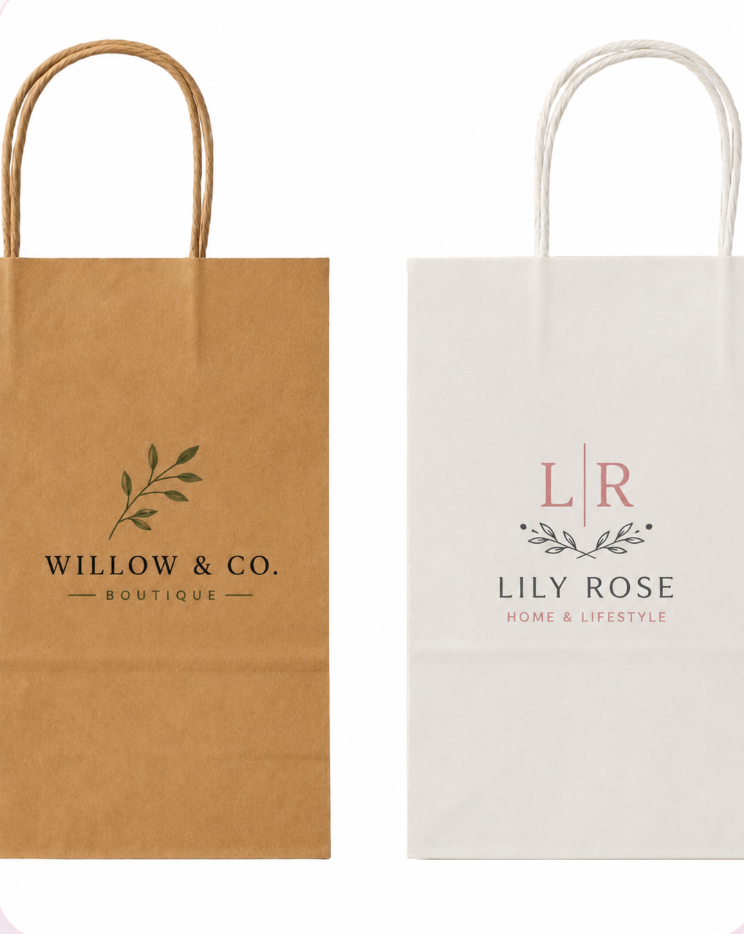 Custom printed kraft and white twisted handle paper shopping bags
