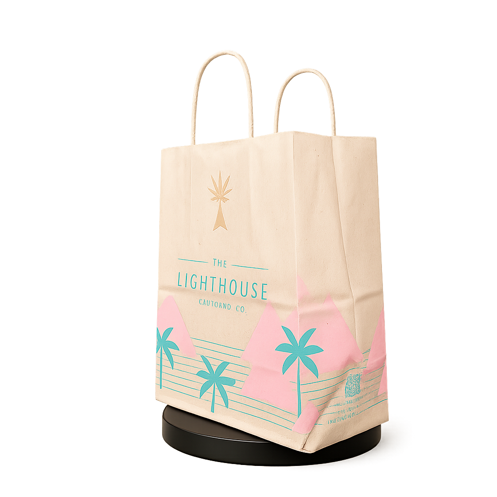 Custom printed twisted handle paper shopping bag with colorful Lighthouse design