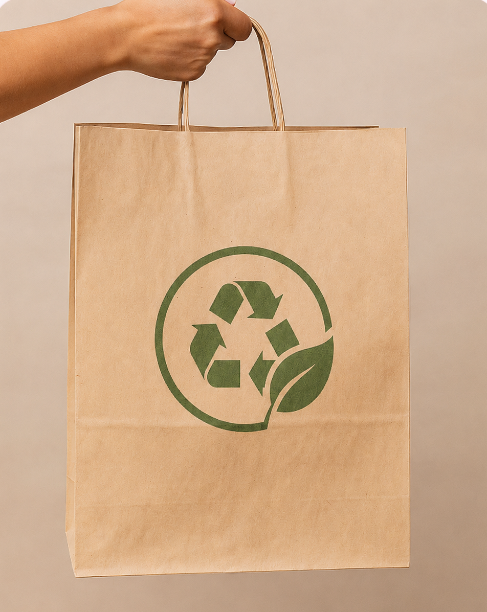 Kraft paper shopping bag with twisted handles and printed recycling design