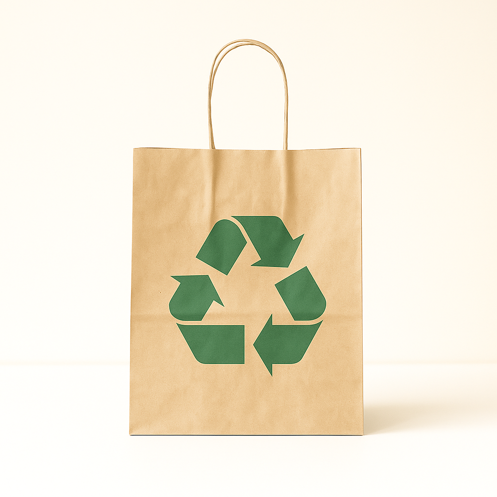 Kraft twisted handle paper shopping bag printed with a recycling symbol