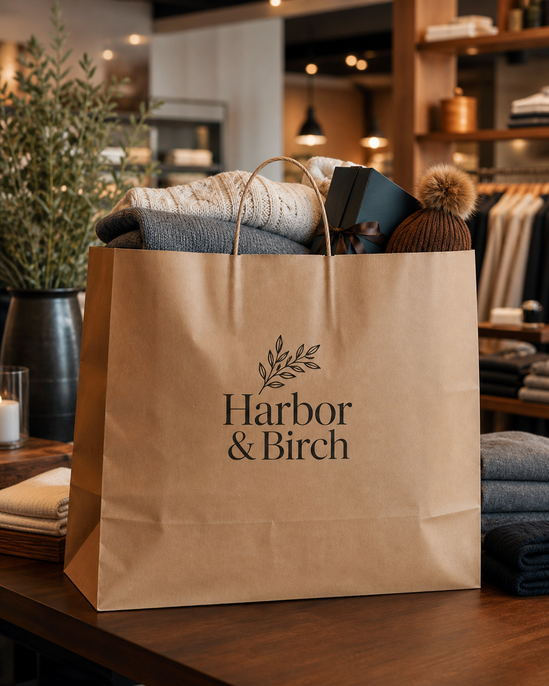 Extra-large kraft twisted handle paper bag holding apparel merchandise