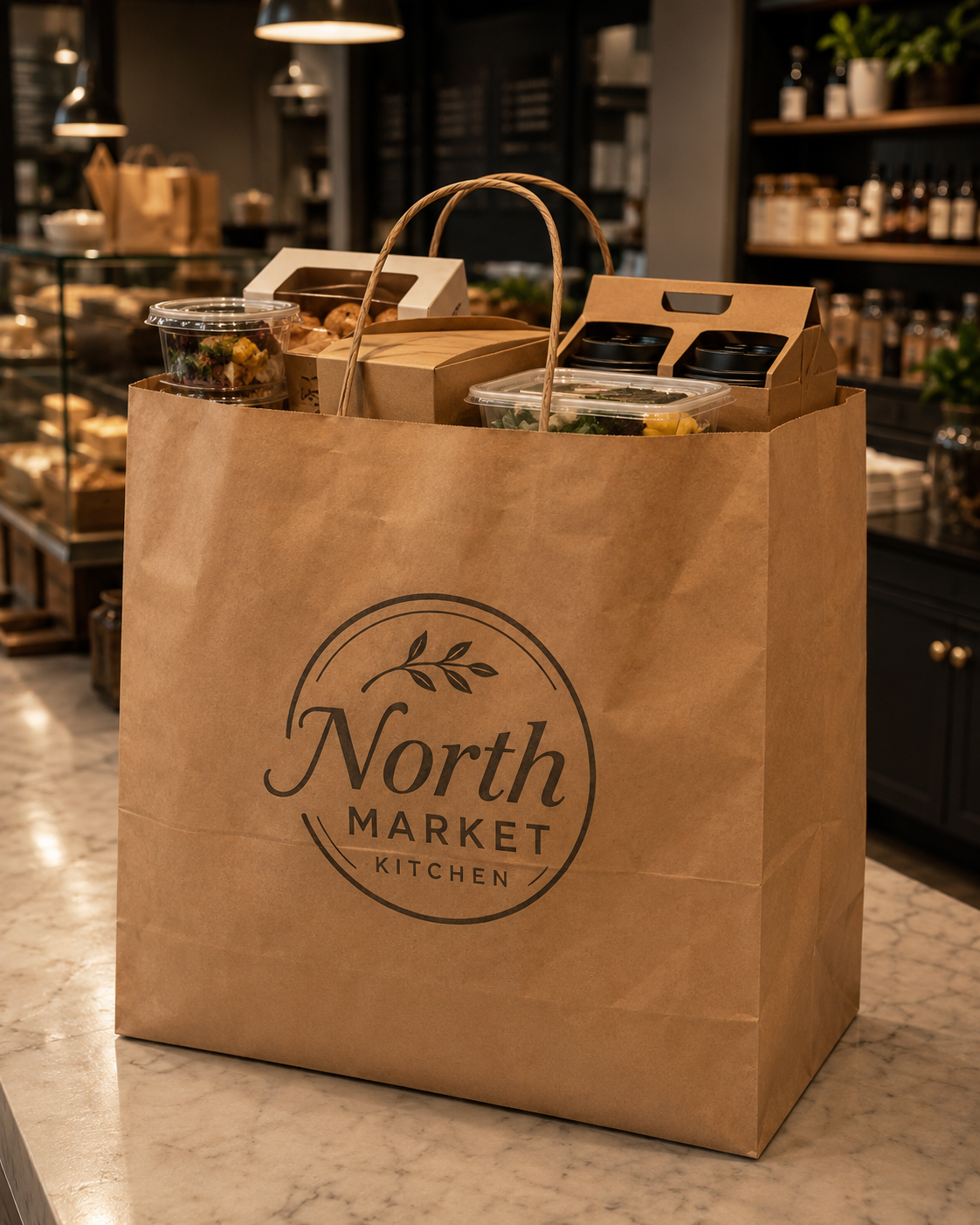 Extra-large kraft twisted handle paper bag holding premium takeout containers