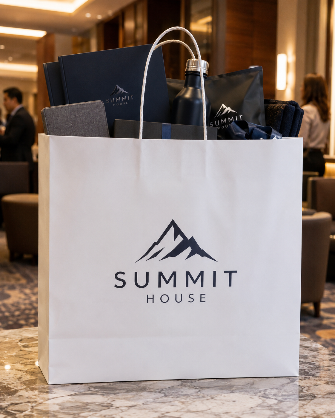 Extra-large white twisted handle paper bag holding VIP gift kit items
