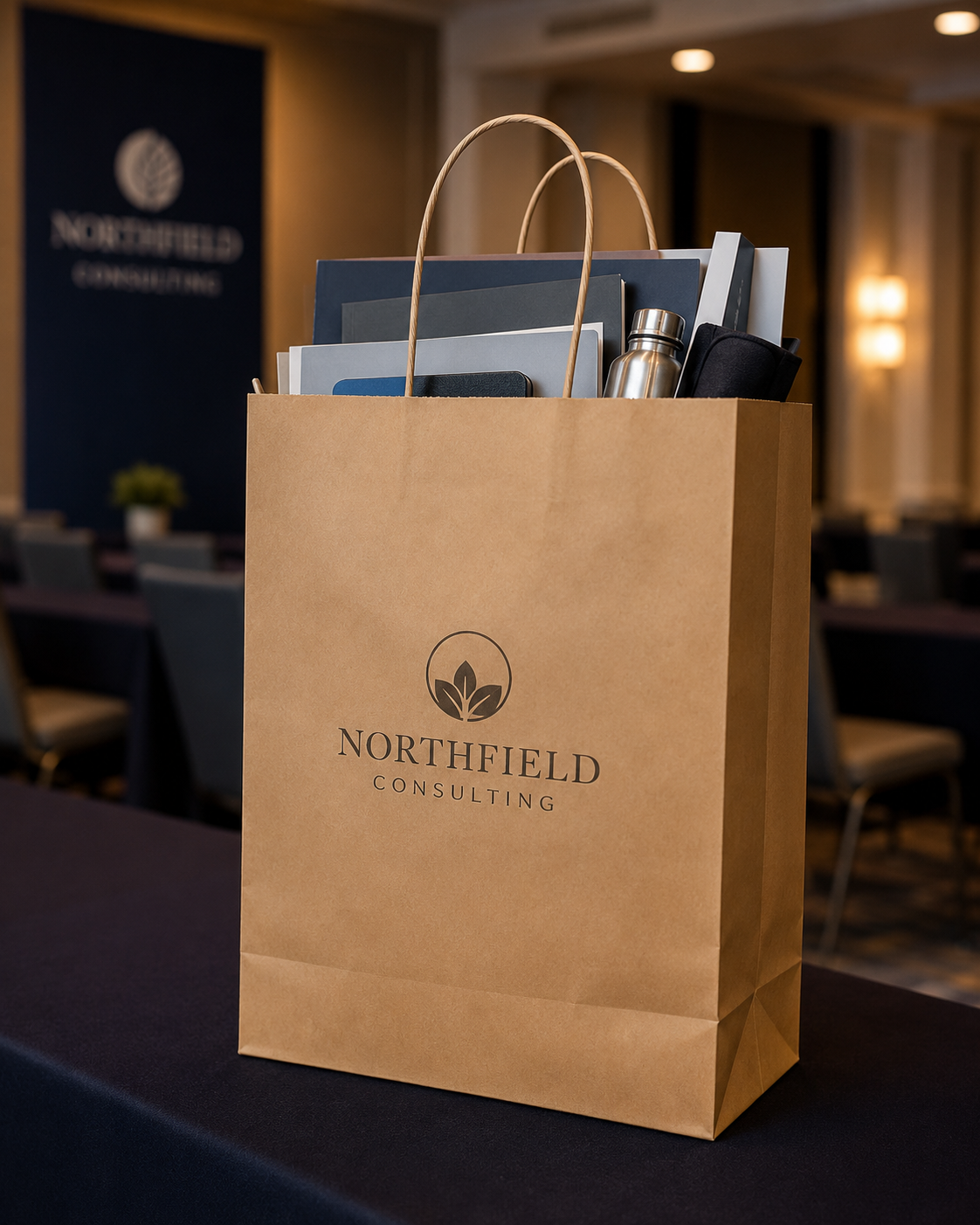Large kraft twisted handle paper bag holding conference kit materials