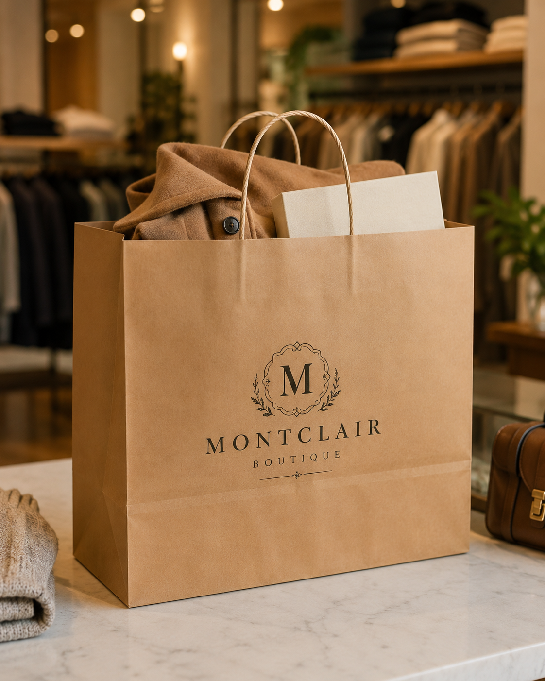 Large kraft twisted handle paper bag holding boutique merchandise