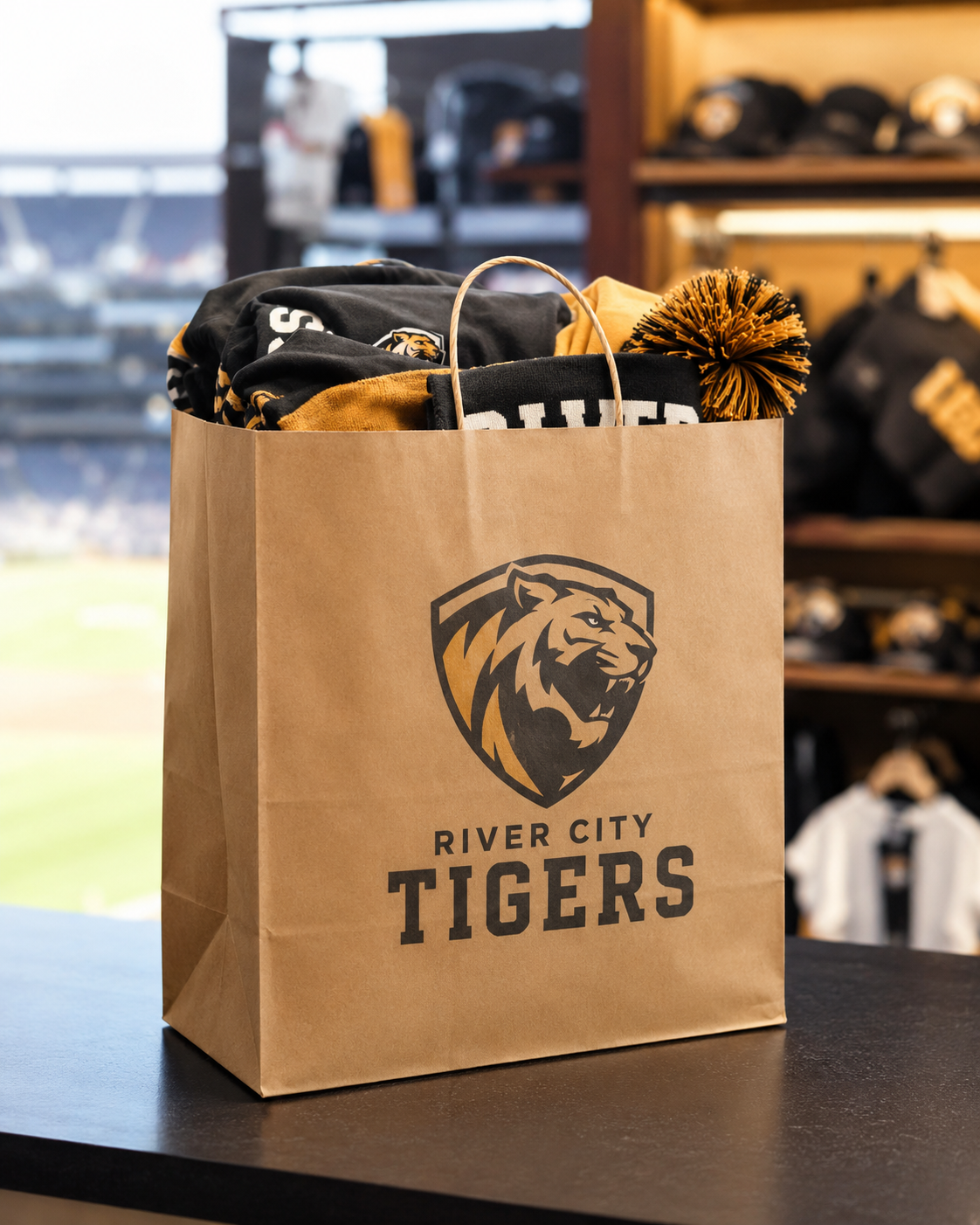 Large kraft twisted handle paper bag holding branded stadium merchandise
