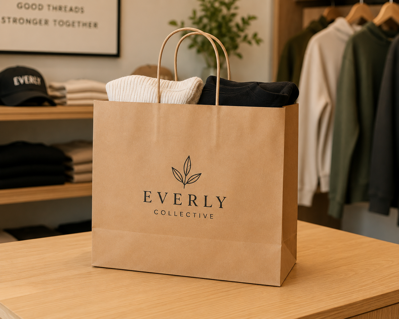 Medium kraft twisted handle paper bag holding folded sweaters