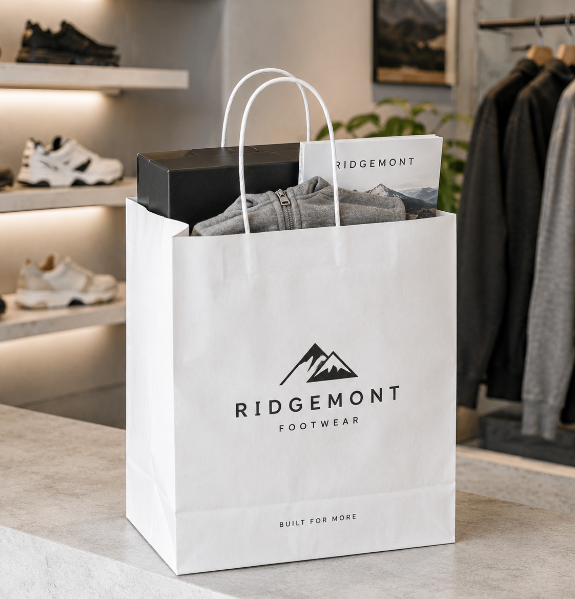 Medium white twisted handle paper bag holding apparel merchandise