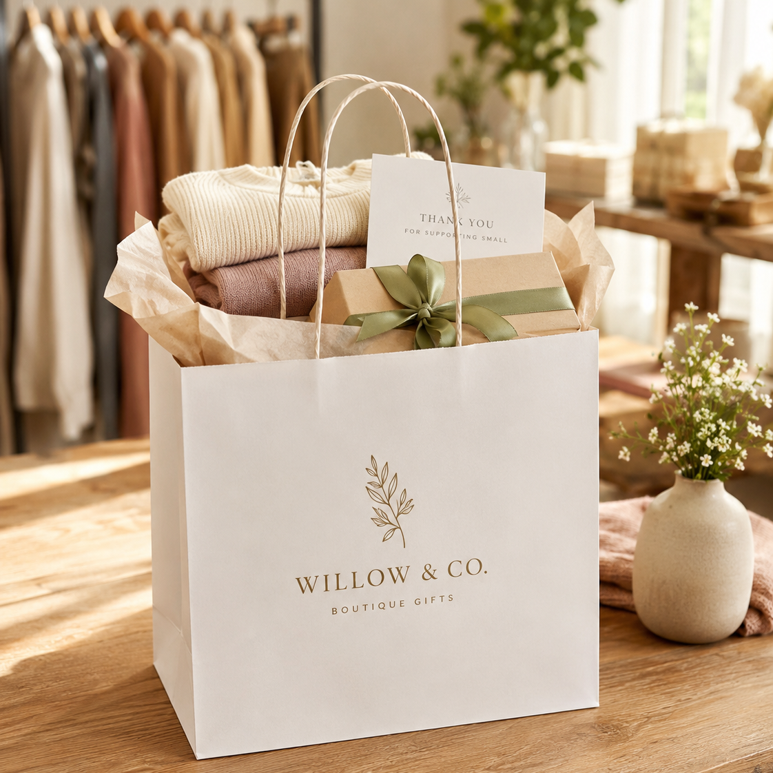 Medium white twisted handle paper bag holding folded apparel and boxed items