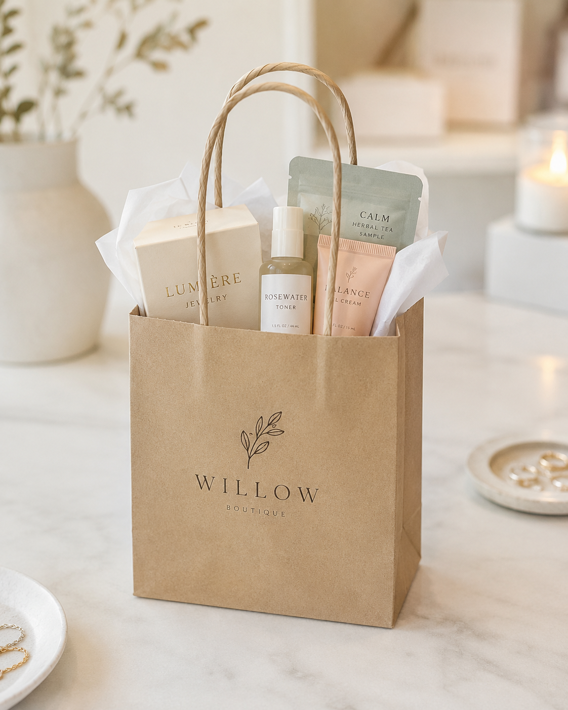 Small kraft twisted handle paper bag holding boutique add-on products